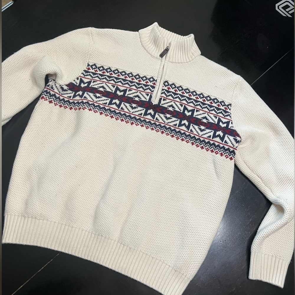 IZOD LarGE Y2K Men's Sweater front partial 3/4 zip Vintage cream textured